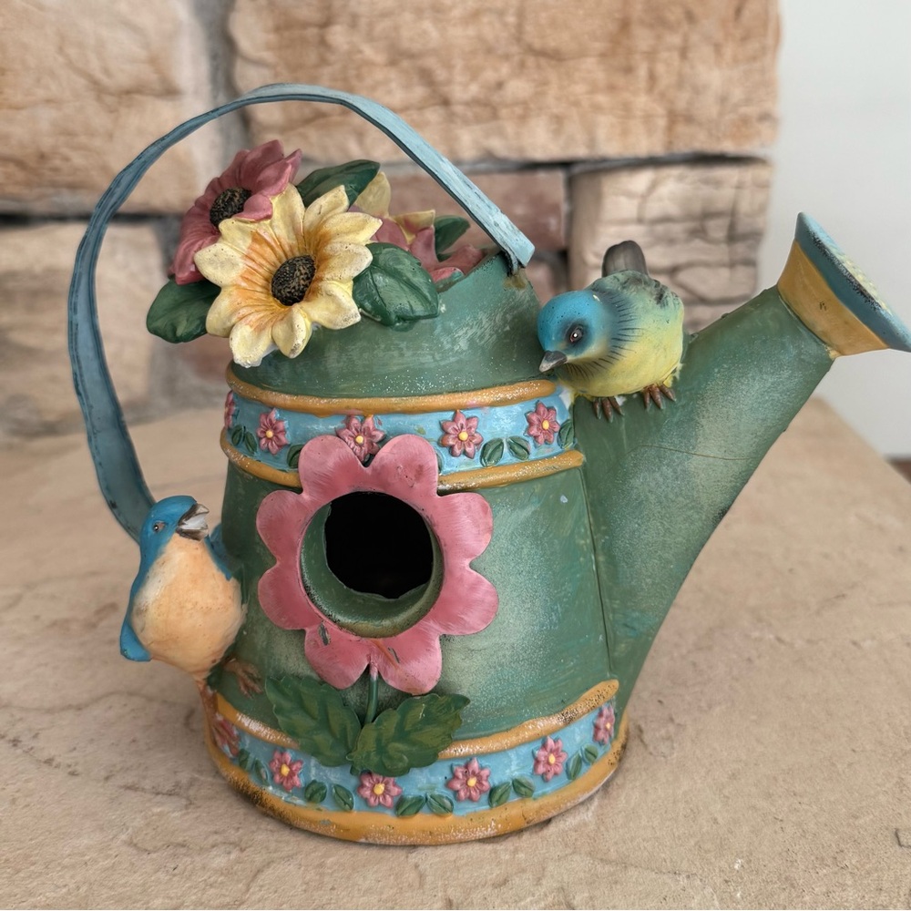 Decorative Ceramic Watering Can Birdhouse‎ with Flowers & Birds Metal Handle